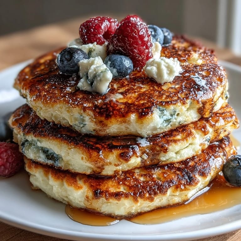 Hearty protein pancakes with cottage cheese and vibrant berries, served warm on a rustic breakfast plate.