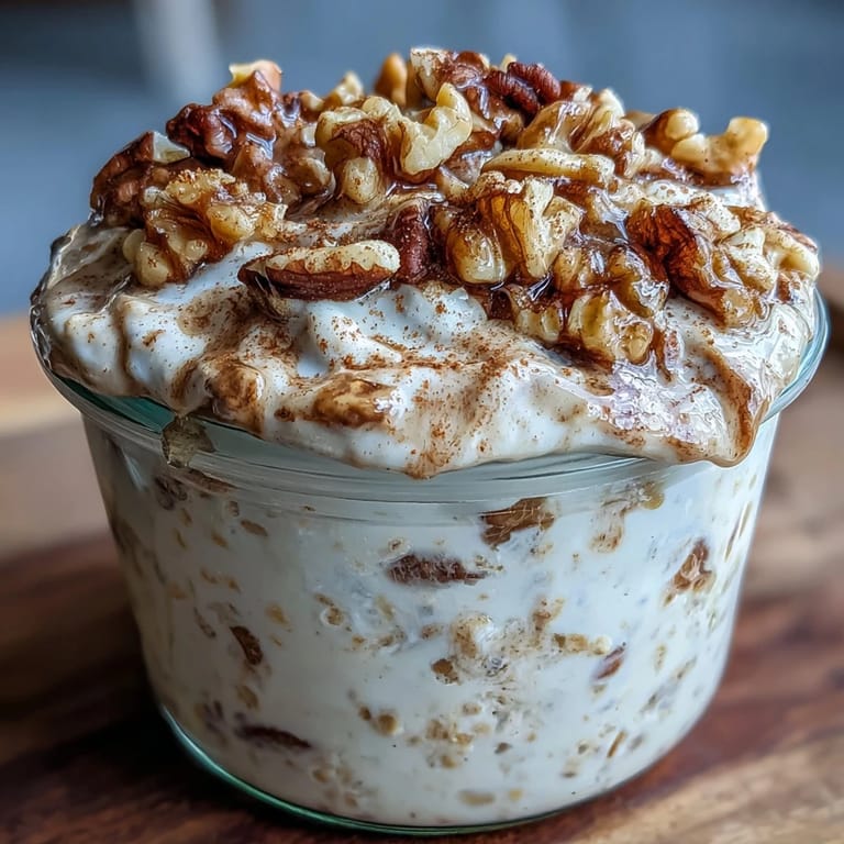 Wholesome banana bread overnight oats with Greek yogurt, cinnamon, and walnuts, ready for breakfast.