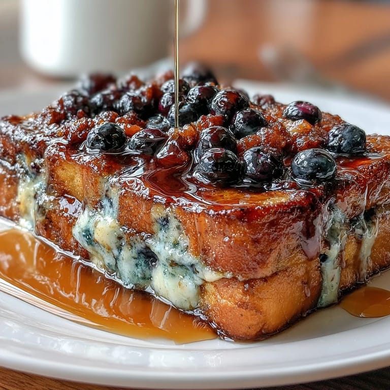 A make-ahead breakfast casserole featuring fluffy sourdough cubes soaked in cinnamon custard and bursting with fresh blueberries.  