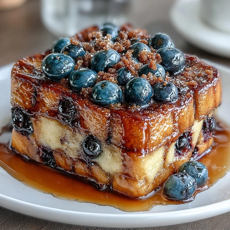 Warm Blueberry Sourdough French Toast Bake drizzled with buttery cinnamon topping, ideal for weekend brunch or holiday mornings.