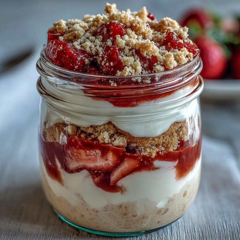 Layered mason jar breakfast featuring cheesecake-inspired oats, diced strawberries, and a creamy yogurt topping.
