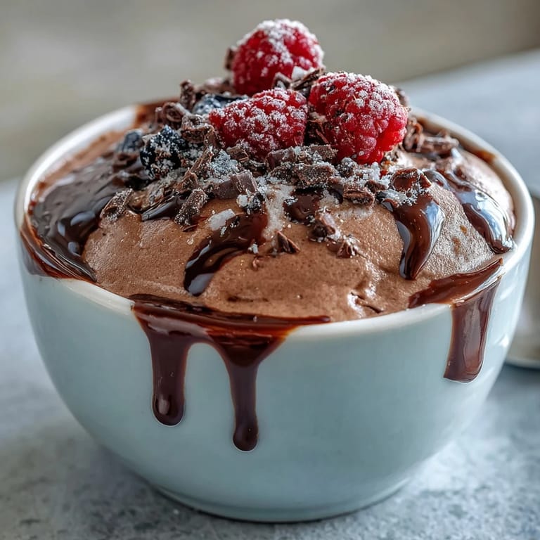 Velvety chocolate cottage cheese mousse layered in dessert cups, sweetened naturally with maple syrup and finished with a sprinkle of dark chocolate shavings.