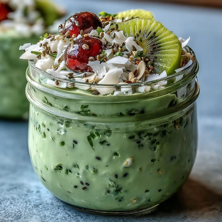 Creamy matcha-infused oats mixed with chia and shredded coconut, garnished with banana slices and toasted coconut flakes.