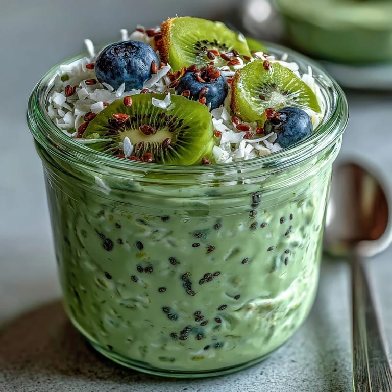 Earthy matcha green tea overnight oats layered with coconut and chia seeds, served chilled with a colorful berry medley.
