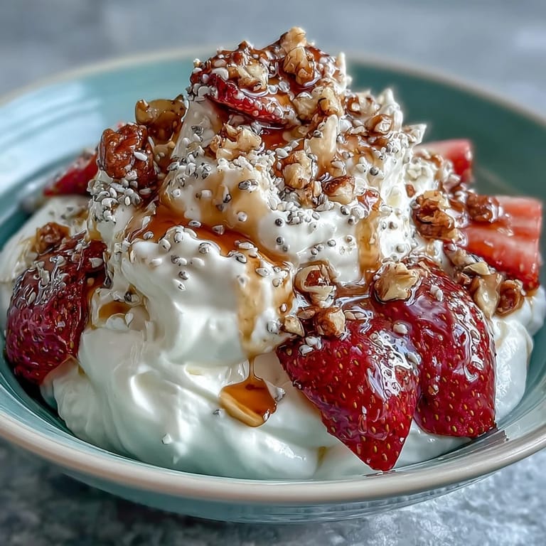 Creamy whipped Greek yogurt topped with fresh sliced strawberries, crunchy granola, and chopped nuts for a satisfying morning meal.
