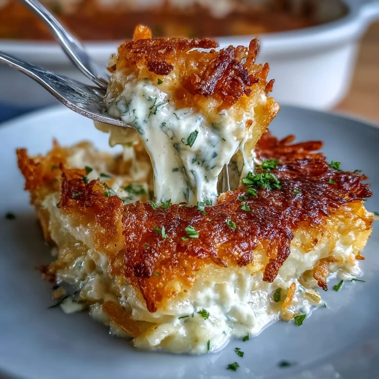 Cheesy hashbrown casserole with crispy topping and rich sour cream sauce for comfort food lovers.