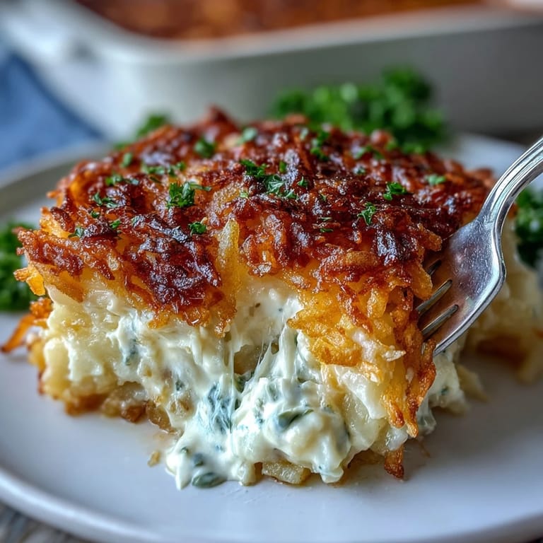 Warm funeral potatoes baked with hashbrowns and topped with crunchy, golden-brown shredded potatoes.