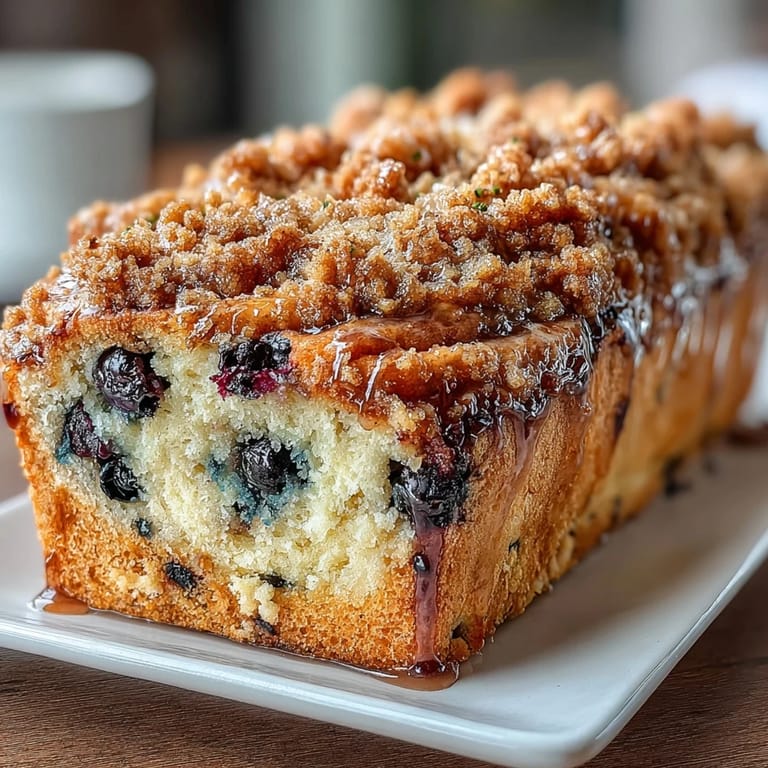 Moist, tangy-sweet lemon blueberry sourdough loaf with juicy berry swirls and a golden buttery crumble topping, perfect for brunch or snacking.