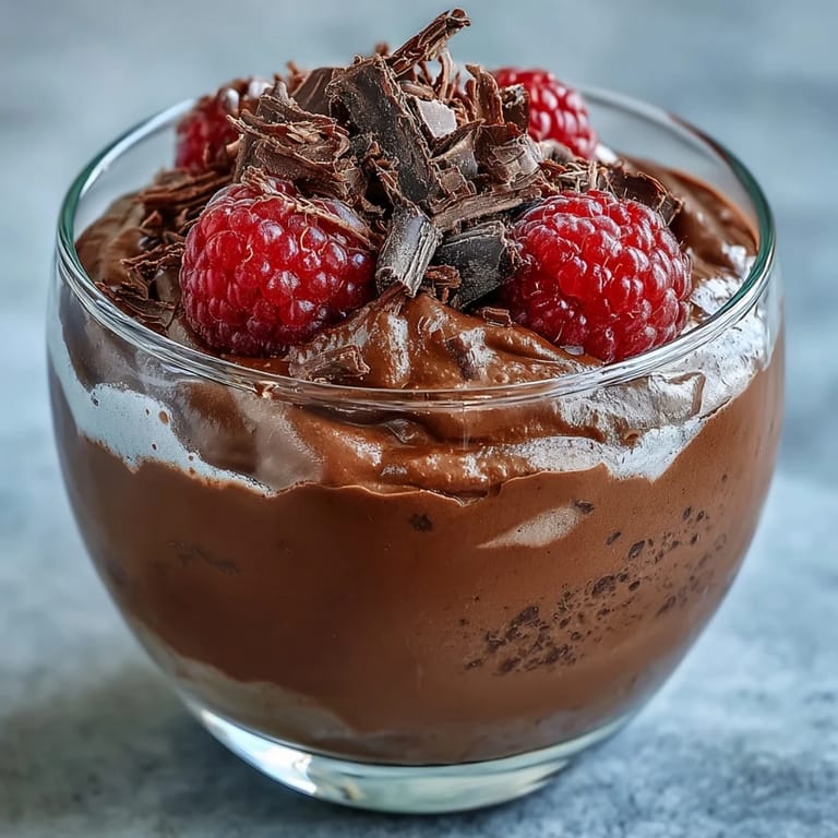 Decadent high-protein chocolate mousse made with cottage cheese and dark chocolate, garnished with shaved chocolate and chopped nuts for extra crunch.