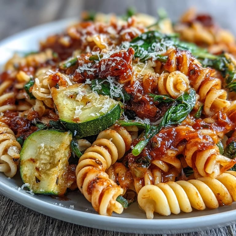 Creamy one-pot vegetarian pasta dish featuring zucchini, bell pepper, spinach, and Italian herbs for flavor.