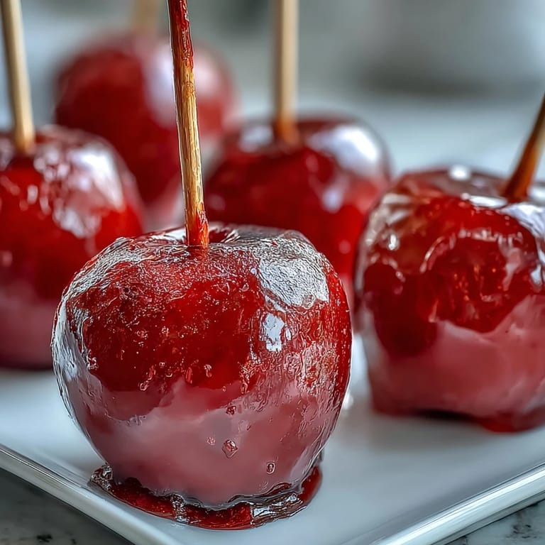 A close-up of shiny mini candy apples on wooden sticks, tempting treats for any celebration.