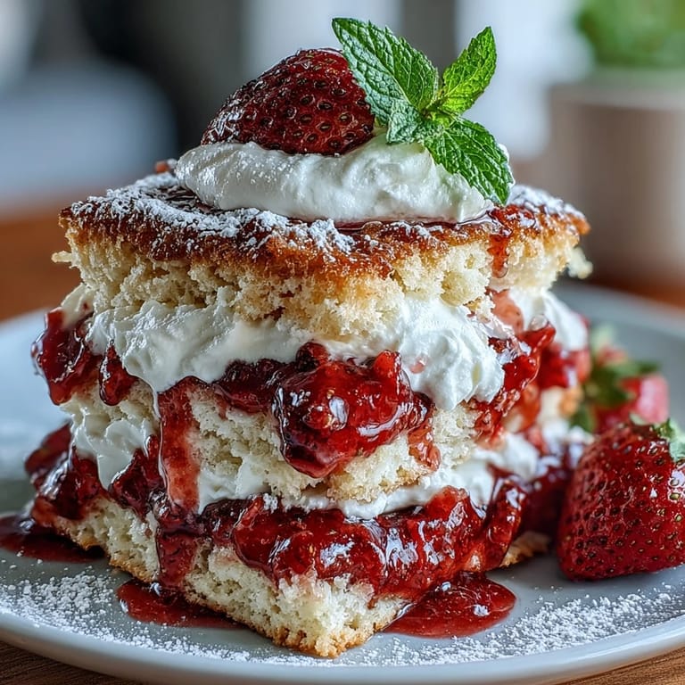 Golden biscuit layers stacked with juicy strawberries and fresh whipped cream, a timeless American dessert perfect for picnics and gatherings.