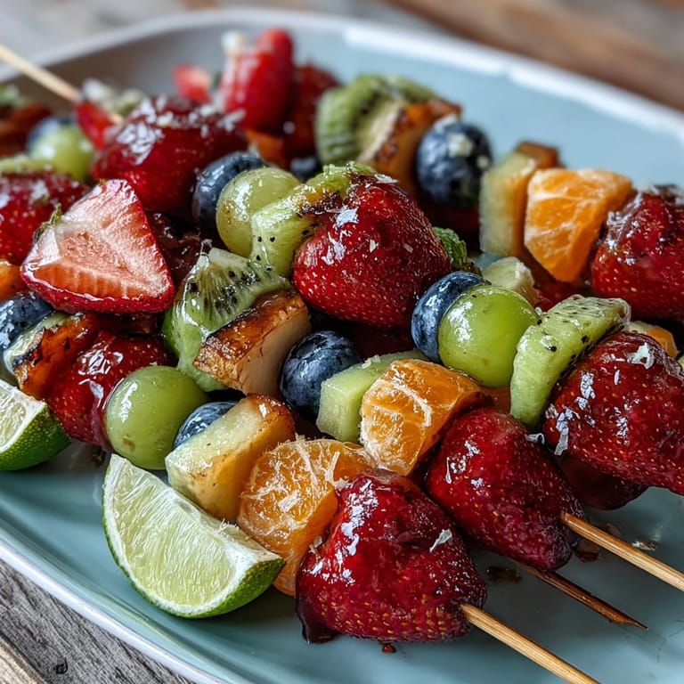 Vibrant rainbow fruit skewers featuring fresh strawberries, citrus, and berries paired with a zesty Greek yogurt honey dip.