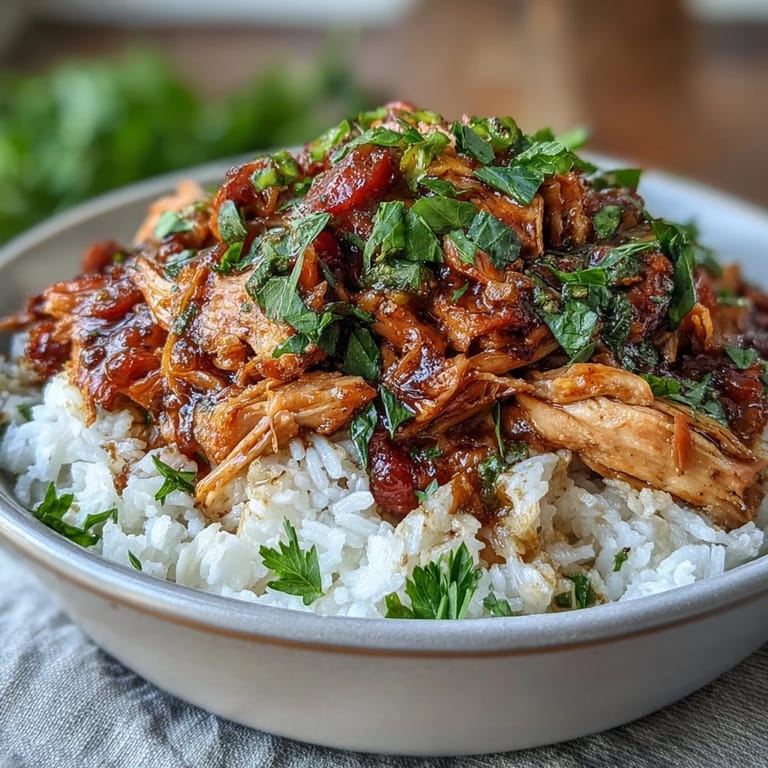 Savory Mississippi Chicken Rice Bowls featuring slow-cooked chicken, bold pepperoncini flavor, and buttery au jus, served with steamed rice.  