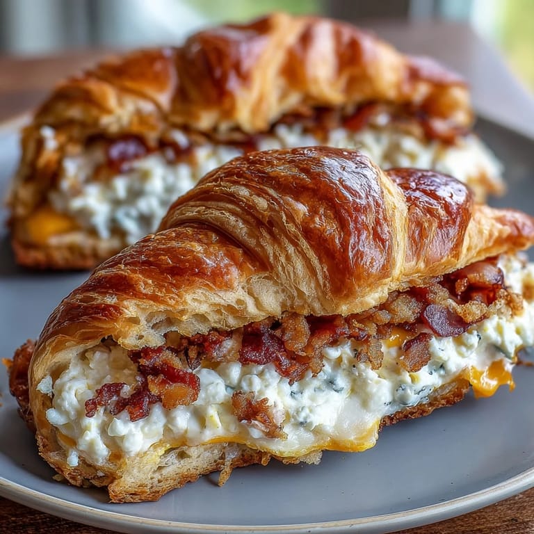Savory breakfast croissant sandwiches loaded with scrambled eggs and melted cheese, baked until warm and melty.