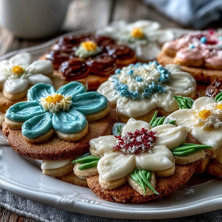 Buttery sugar cookies adorned with hand-piped royal icing flowers in pink, yellow, and lavender, creating a charming springtime dessert.