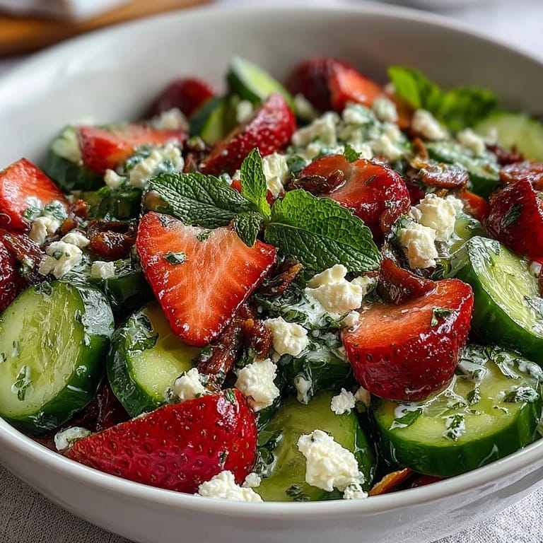 Crisp cucumber slices, juicy strawberries, and fragrant mint leaves create a refreshing salad perfect for light lunches or as a colorful side.
