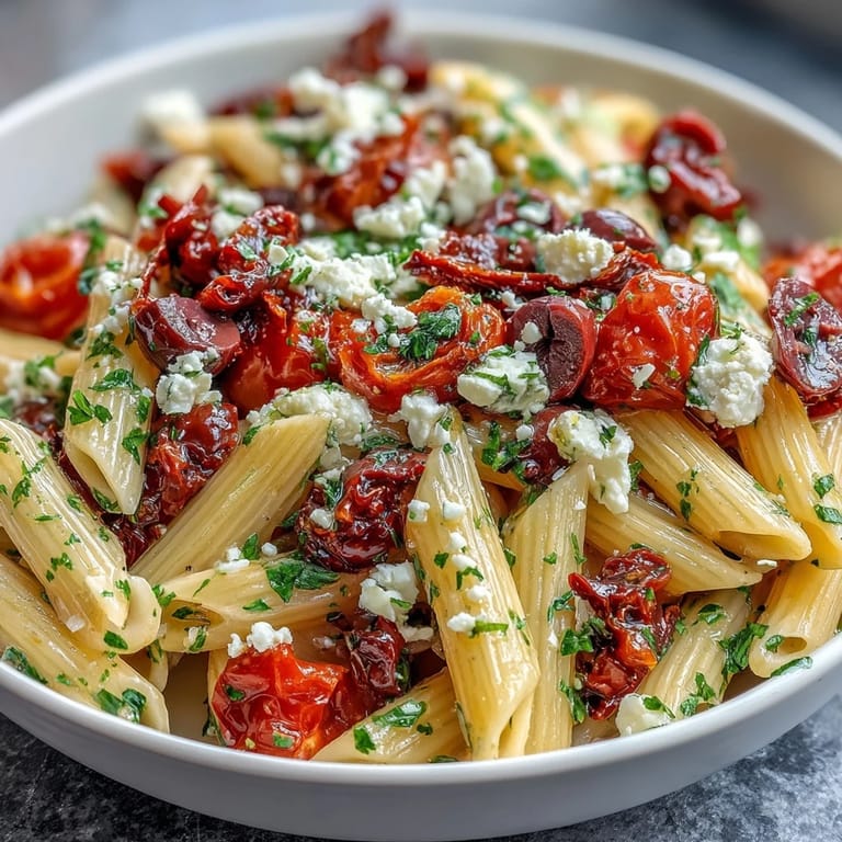 Colorful Greek pasta salad featuring creamy feta, briny Kalamata olives, and crisp vegetables, perfect for summer picnics.