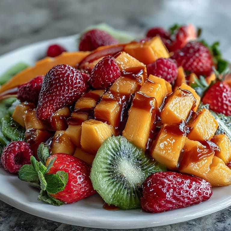 Refreshing tropical fruit centerpiece featuring juicy mango and pineapple spears, garnished with mint and lime for a bright, inviting look.