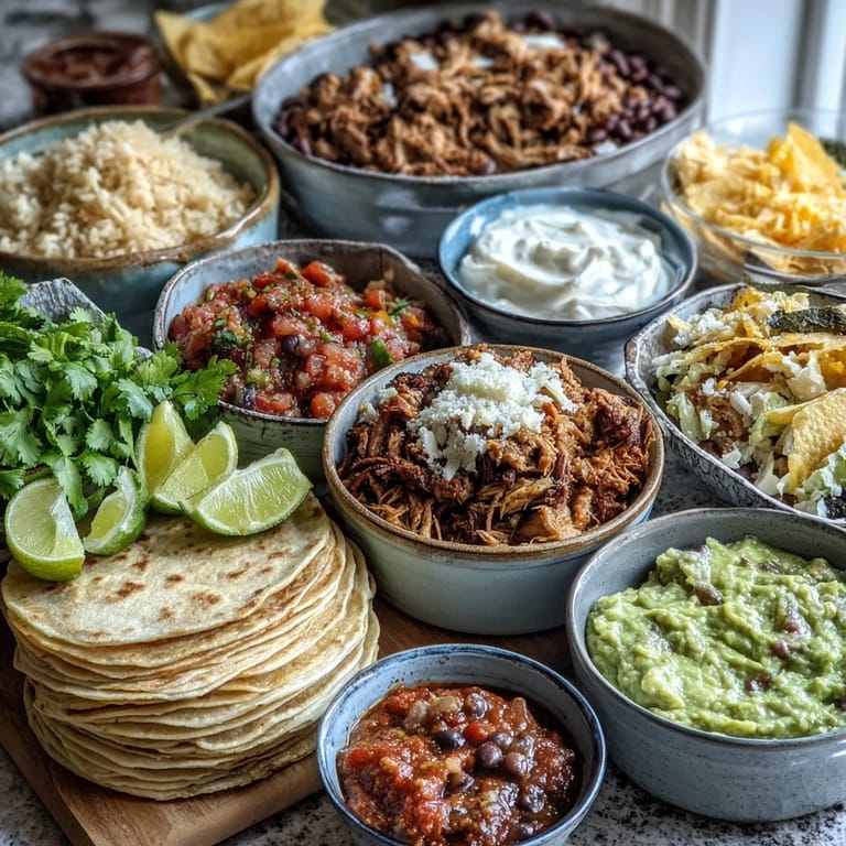 Festive Cinco de Mayo Taco Bar featuring warm tortillas, seasoned meats, fresh vegetables, and zesty sauces for a customizable feast.  