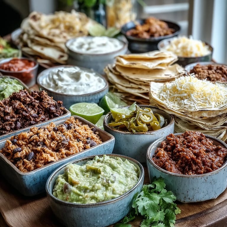 Interactive Cinco de Mayo Taco Bar Spread showcasing a variety of proteins, cheeses, and vibrant toppings laid out buffet-style.