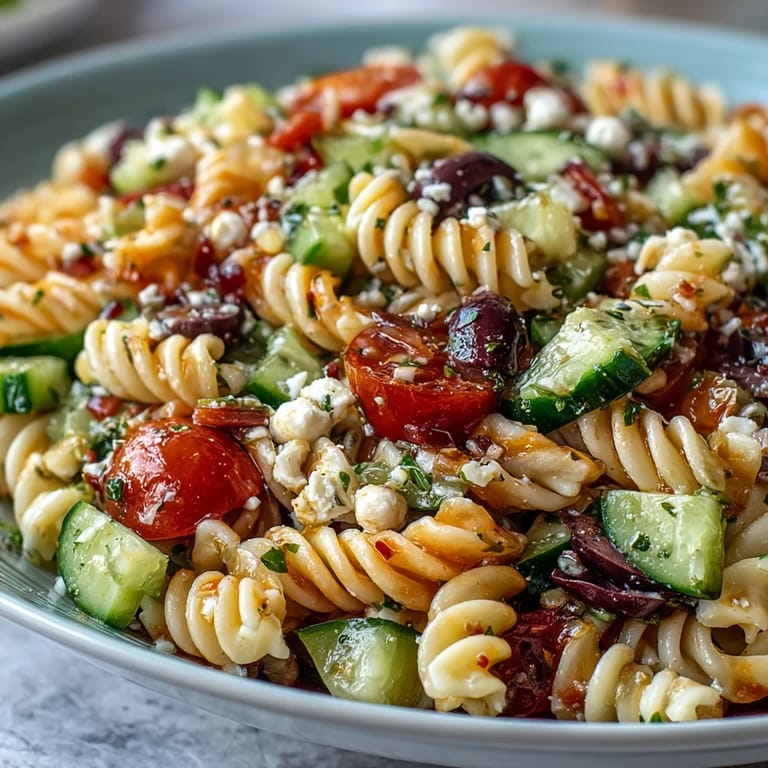 Creamy mozzarella and al dente pasta mixed with fresh veggies and bold Italian dressing in a bright, flavorful summer salad.