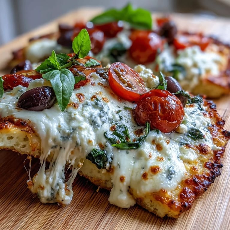 Easy cottage cheese flatbread pizza with creamy cottage cheese base, gooey cheese, and colorful toppings—perfect for quick, healthy dinners.