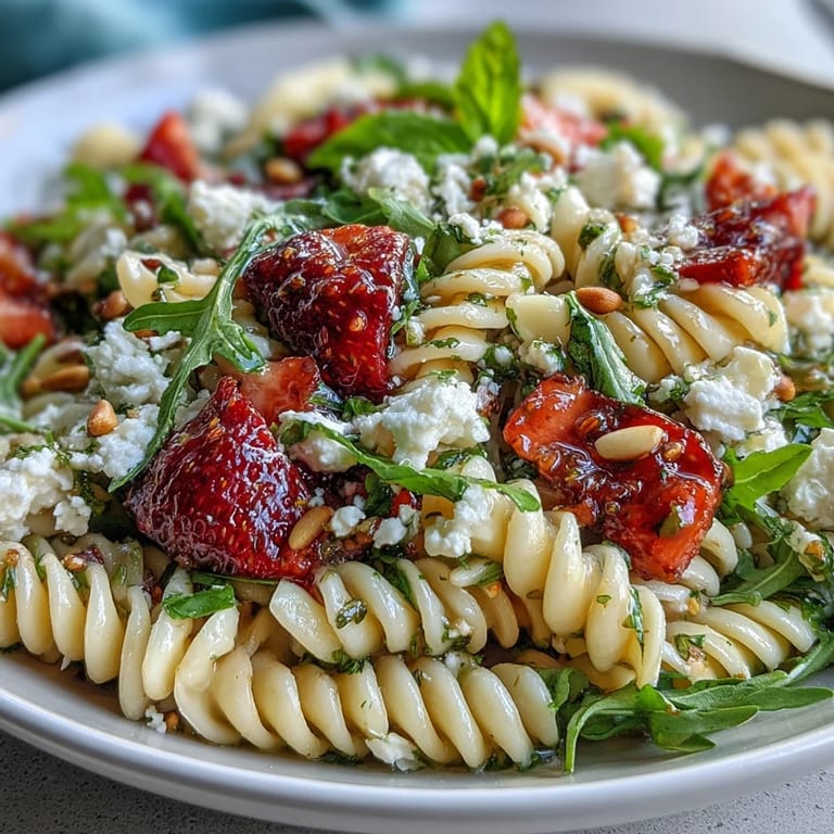 Colorful pasta salad with sweet strawberries, tangy feta, and peppery arugula, perfect for spring picnics and gatherings.