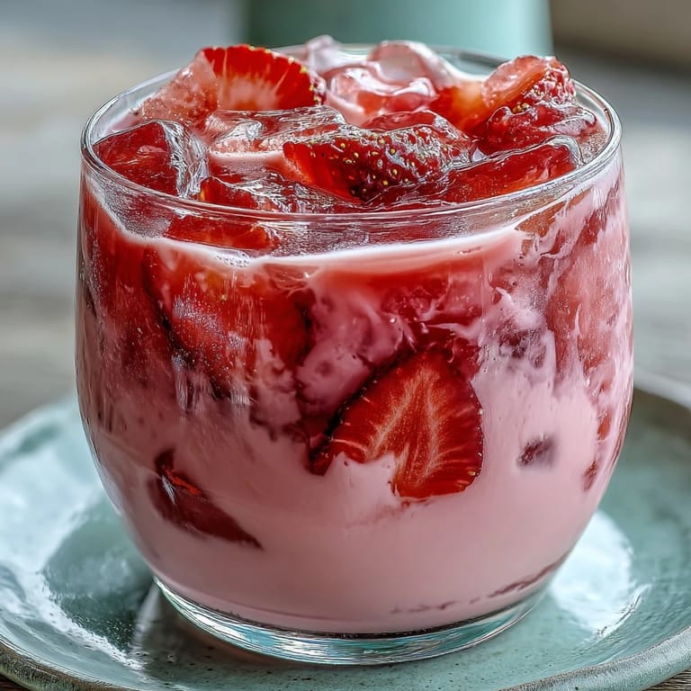 Two tall glasses filled with a creamy, pink-hued drink, topped with fresh strawberry slices and ice cubes.