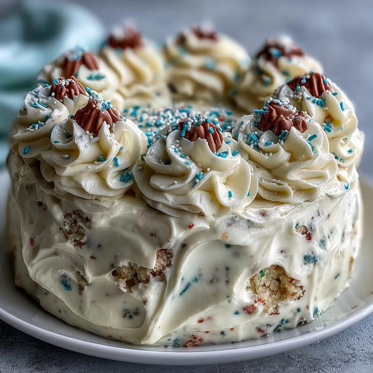 Festive Funfetti Dip Cake, loaded with colorful jimmies, perfect for any celebration.