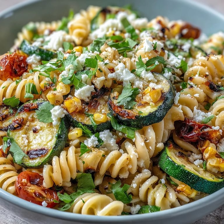 Summer delights: pasta salad loaded with grilled corn, zucchini, and tangy Cotija.