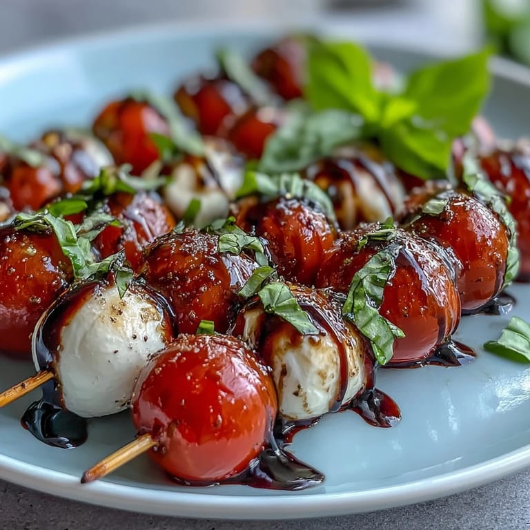 Juicy cherry tomato and mozzarella Caprese skewers appetizer drizzled with tangy balsamic.