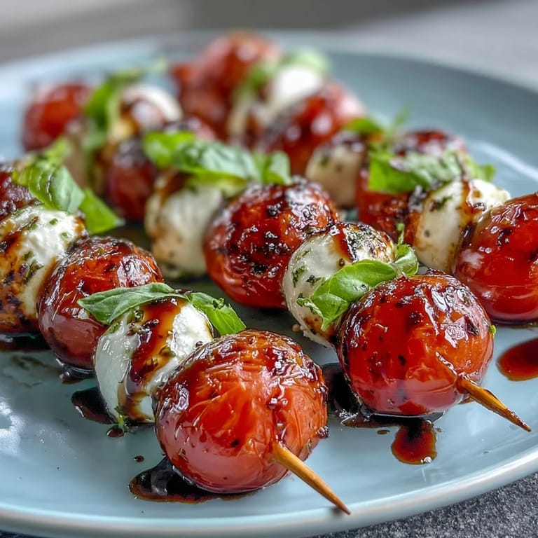 Colorful Caprese skewers appetizer with basil, mozzarella, and a sweet balsamic reduction.