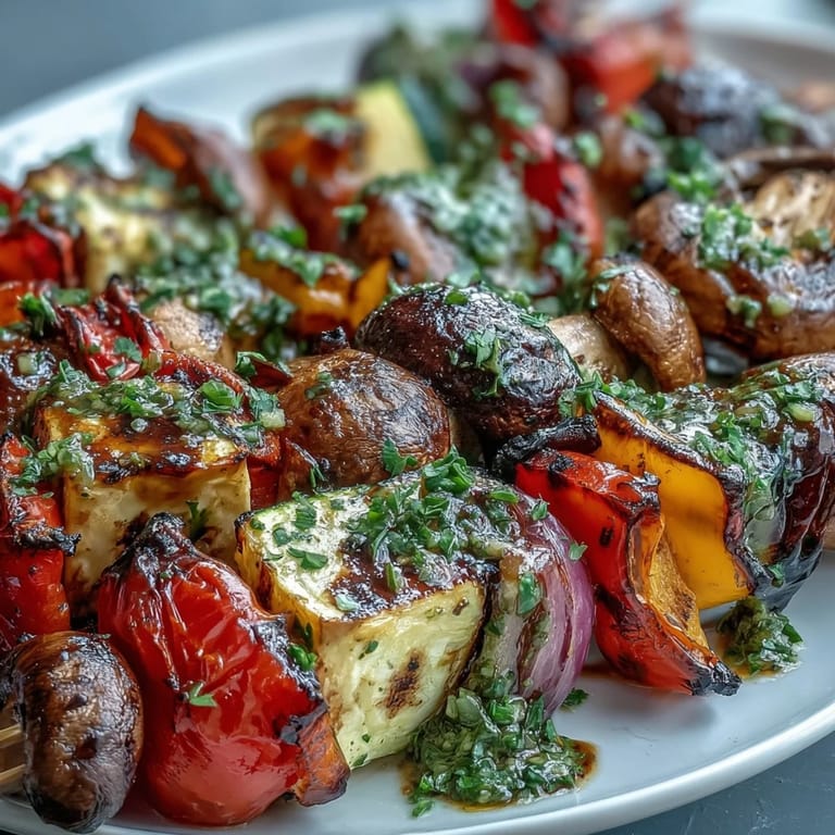 Fresh vegetable skewers hot off the grill, topped with vibrant chimichurri.