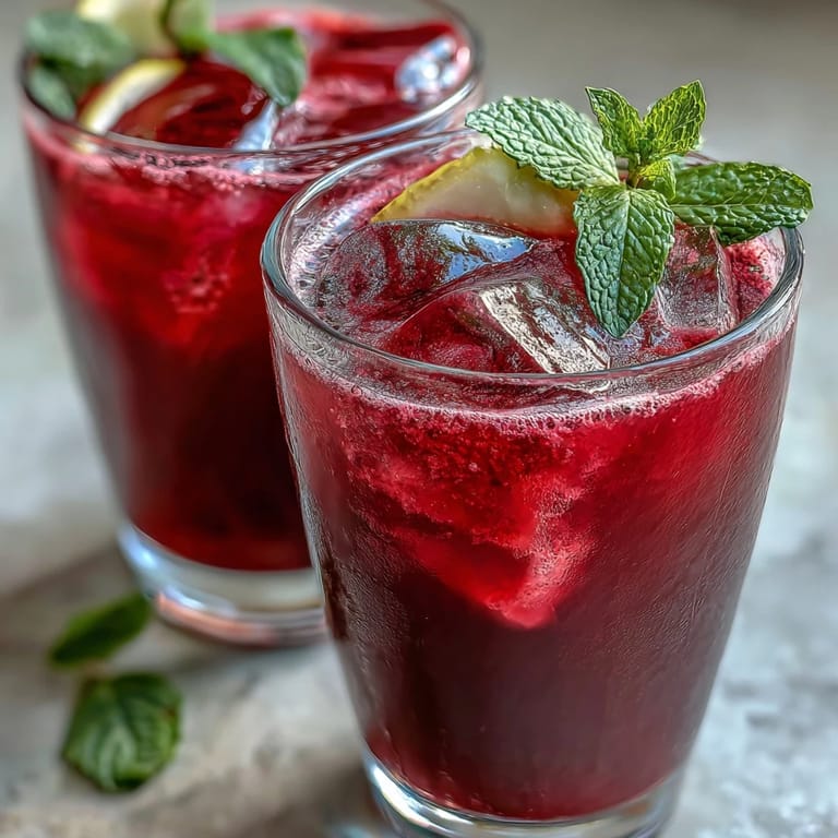 Delicious beet-dyed pink lemonade, garnished with mint and lemon.