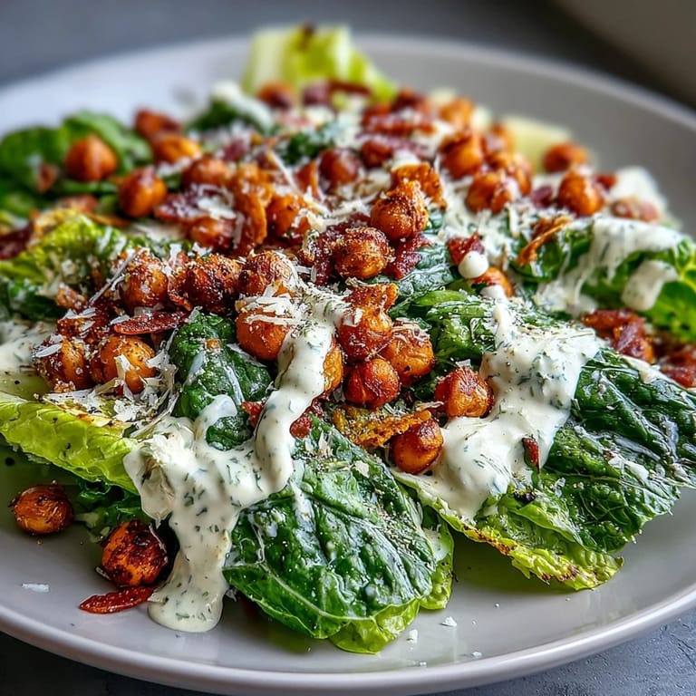 Fresh romaine salad with savory vegan Caesar dressing and seasoned chickpea croutons.