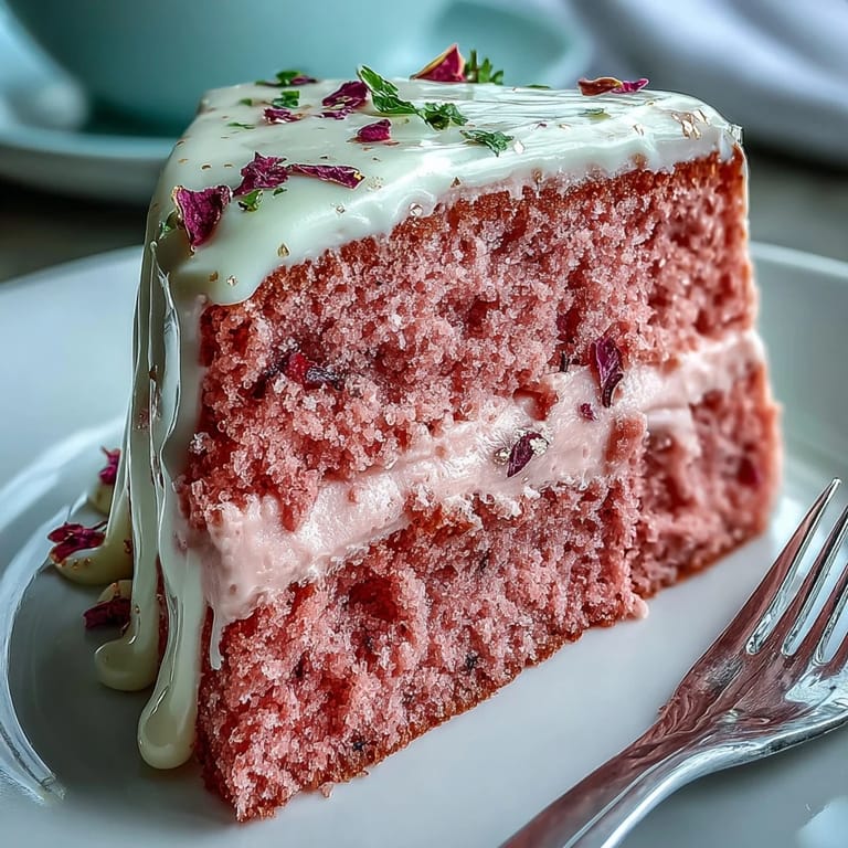Delicate Bridal Shower Rosé Velvet Cake with luscious cream cheese frosting and shimmer.