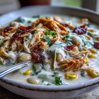 A steaming bowl of creamy White Chicken Chili topped with cilantro, green onions, and shredded cheese.
