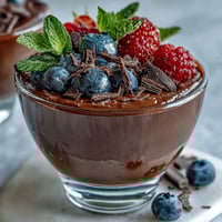 Cottage Cheese Chocolate Mousse Cups topped with fresh berries, a creamy and protein-rich dessert in elegant serving glasses.