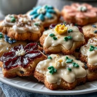 Sweet sugar cookies topped with delicate royal icing flowers in soft pastel hues, ideal for baby showers or spring gatherings.  