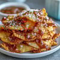 Candy Apple Nachos with gooey caramel drizzle and melted chocolate chips on crisp apple slices, perfect for sharing at parties.