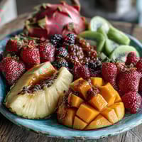 Vibrant tropical fruit platter with ripe mango and pineapple slices arranged for a summer party spread.
