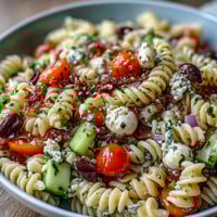 Easy Summer Pasta Salad with Italian Dressing featuring colorful fusilli, crisp vegetables, and creamy mozzarella in a tangy dressing.