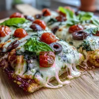 Cottage cheese flatbread pizza with golden crust, melty mozzarella, and vibrant veggie toppings. High-protein healthy meal idea.