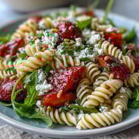 Fresh spring pasta salad with strawberries, feta, and arugula, bursting with seasonal flavors and bright colors.