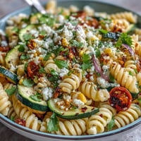 Vibrant pasta salad with grilled zucchini, corn, and crumbly Cotija cheese.