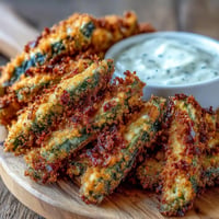 Golden air fryer pickle fries beckon with creamy, zesty spicy mayo dip.