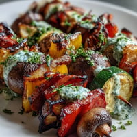 Colorful grilled veggie kabobs with smoky char brushed with bright chimichurri sauce.
